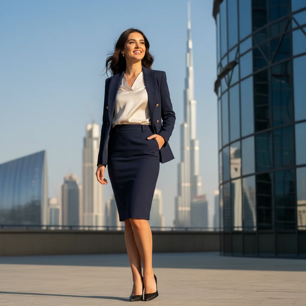 A photorealistic image of a young professional woman in business attire, standing confidently outside a modern office building in the UAE, with the Dubai skyline in the background, symbolizing a positive career transition or resignation, evoking a sense of freedom and new beginnings, no documents or text visible, no children present.