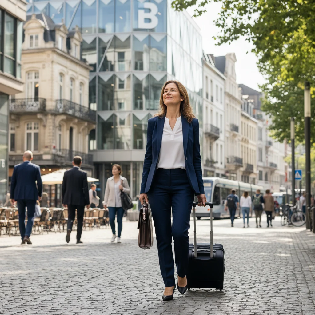 A photorealistic image symbolizing resignation from employment in Belgium, featuring a professional adult walking away from a modern office building in a Belgian city like Brussels, with a sense of liberation and new beginnings, no documents visible, no children present.