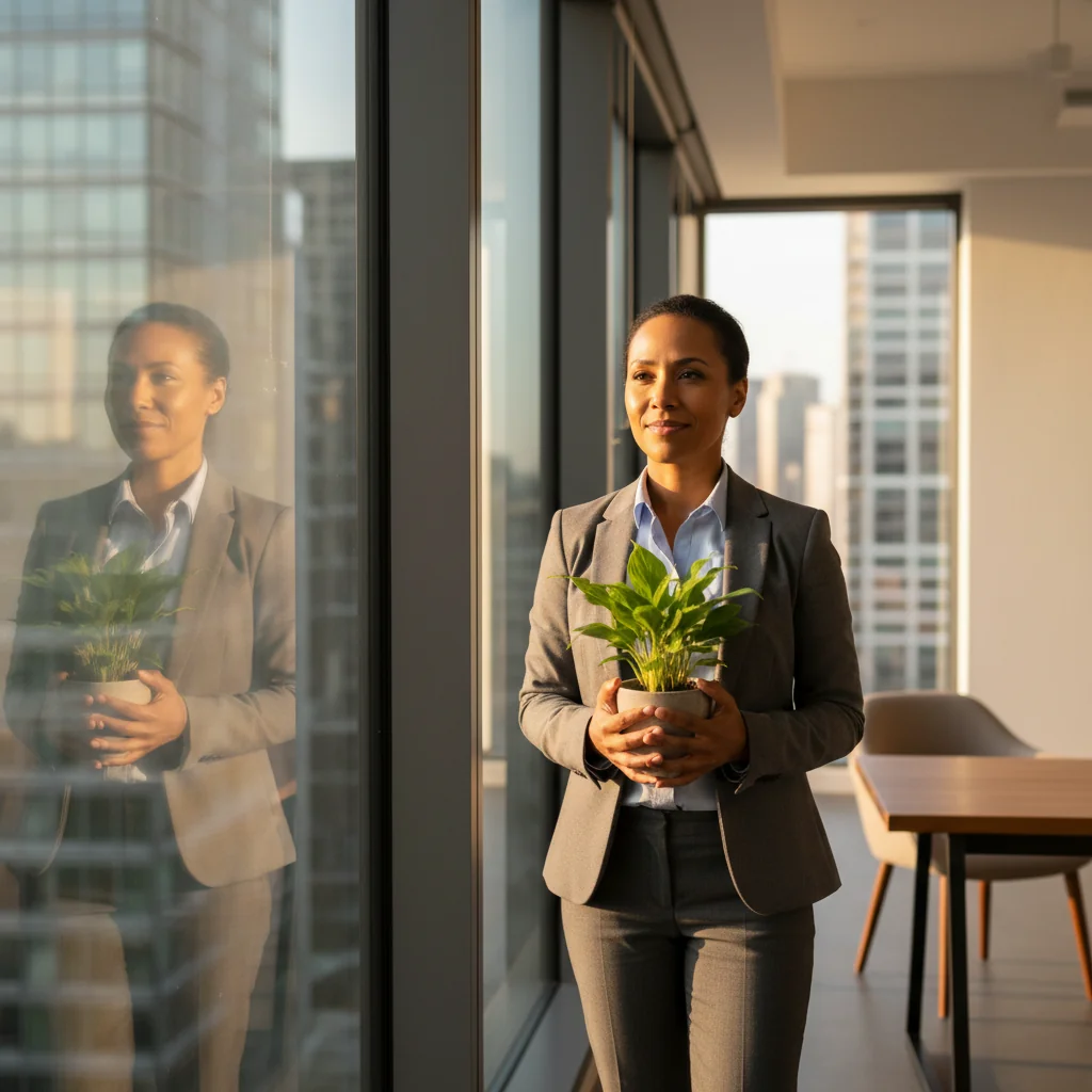 A photorealistic image of a professional adult employee in a modern office setting, looking relieved and empowered as they prepare to transition to a new chapter, symbolizing the decision to resign from a job. The scene captures a sense of freedom and new beginnings, with the employee packing personal items from their desk, no children or documents visible.