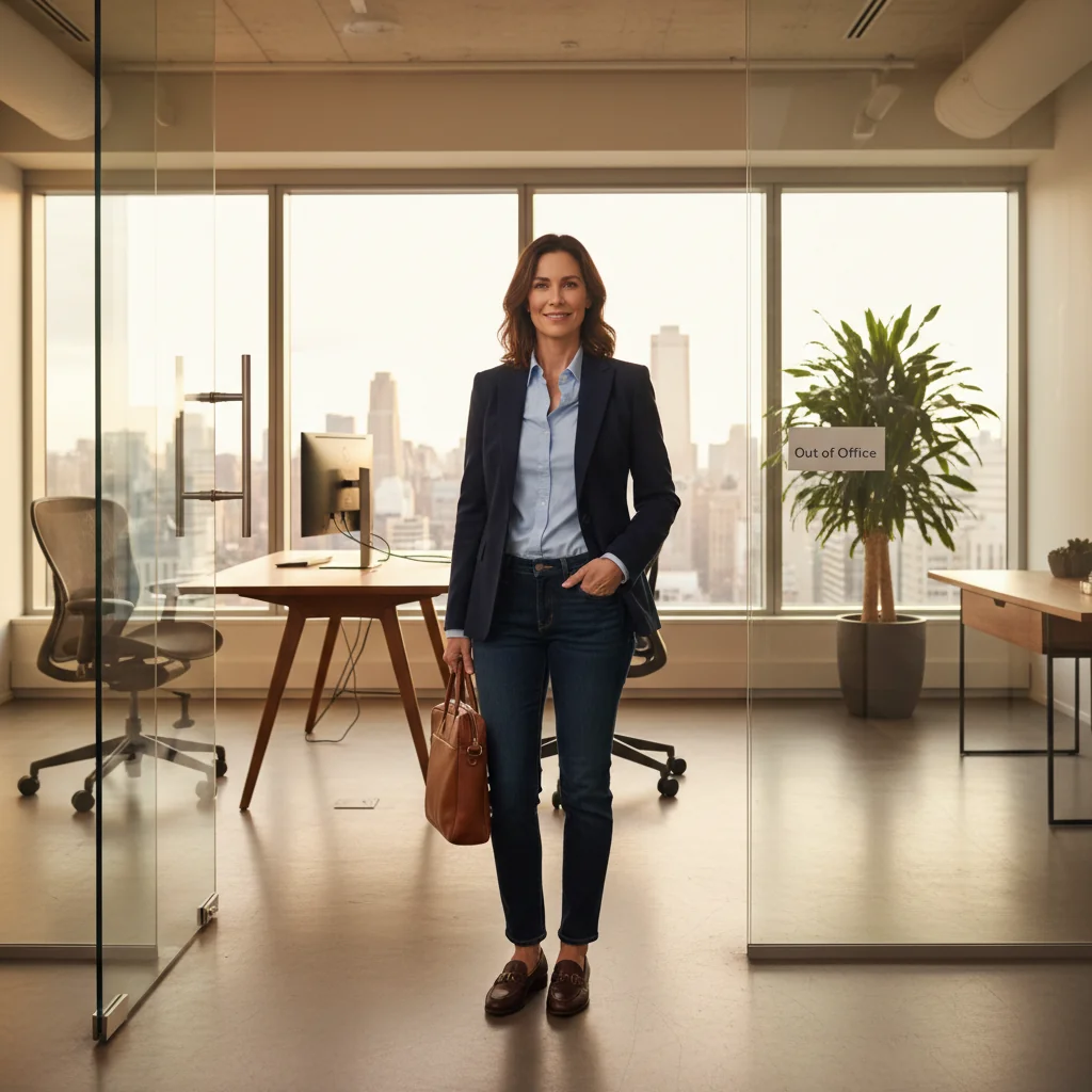 A photorealistic image depicting a professional adult in a modern office setting, looking relieved or empowered as they prepare to hand in their resignation, symbolizing the transition from employment to new opportunities, with no documents visible and no children present.