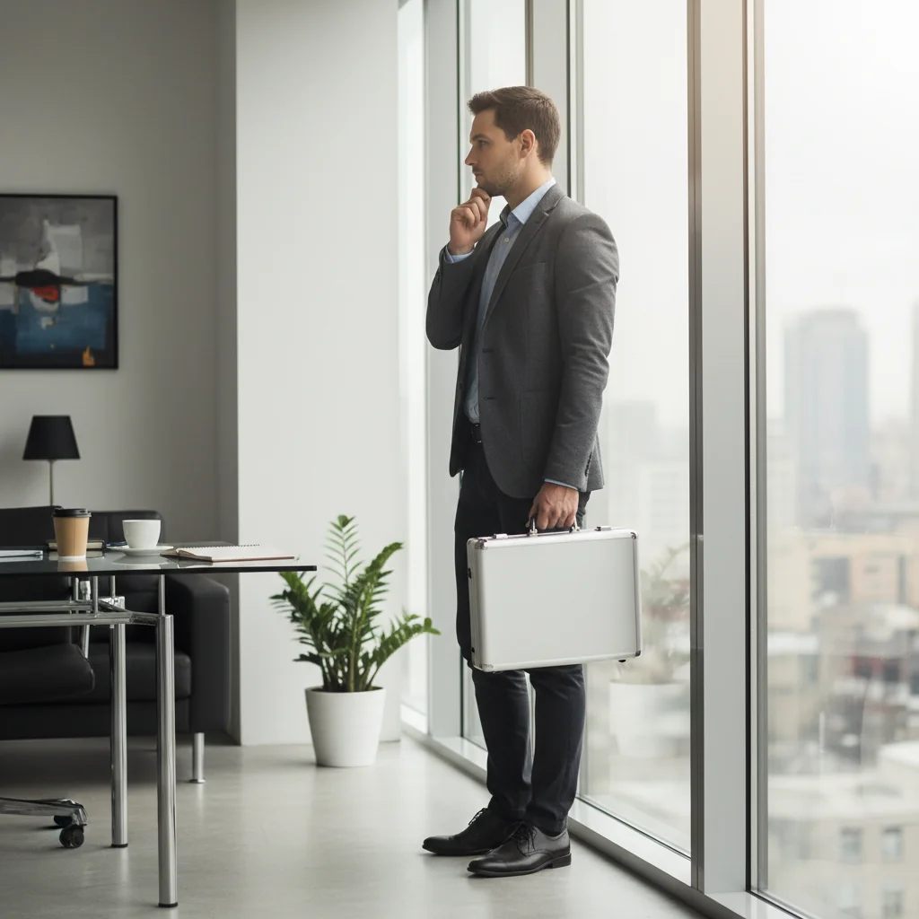 A photorealistic image of a professional adult in a modern office setting, looking contemplative while holding a briefcase, symbolizing the decision to resign from a job. The scene conveys a sense of transition and new beginnings in a career context, with no children present.