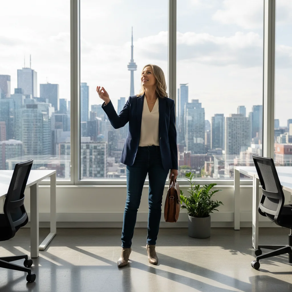 A photorealistic image of a professional adult employee in a modern office setting, looking thoughtful and empowered as they prepare to make a career transition, symbolizing the decision to resign from a job in Canada. The scene captures a sense of relief and new beginnings, with subtle Canadian elements like a maple leaf in the background, but no documents or text visible. No children are present.
