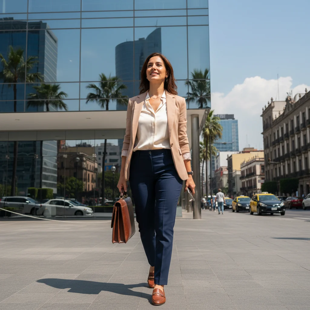 A photorealistic image of a professional adult in their mid-30s, dressed in business casual attire, walking confidently away from a modern office building entrance on a sunny day in Mexico City, symbolizing resignation and new beginnings. The person carries a briefcase and looks empowered, with no children or documents visible in the scene.