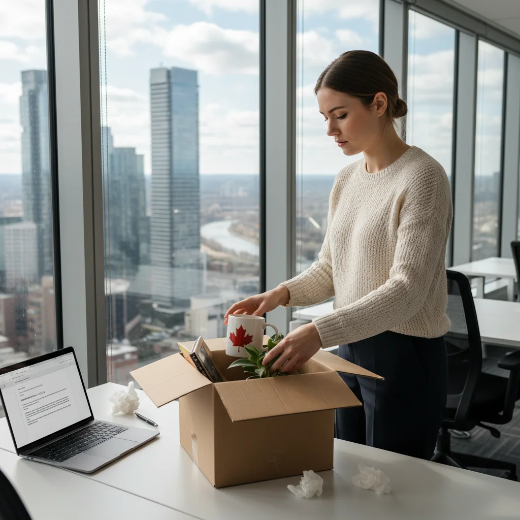 A photorealistic image of a professional adult employee in a modern office setting, looking contemplative while packing personal items into a box, symbolizing resignation from a job, with a subtle Canadian flag in the background to represent the context in Canada.