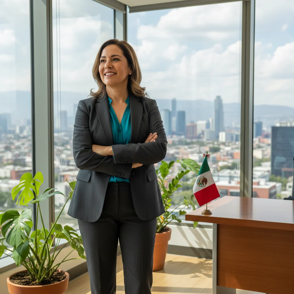 A photorealistic image of an adult professional in a modern office setting, looking relieved and empowered as they prepare to resign from their job, symbolizing the transition and legal aspects of submitting a resignation letter in Mexico. The scene includes subtle Mexican cultural elements like a flag or office decor, but no documents or text visible. No children are present.