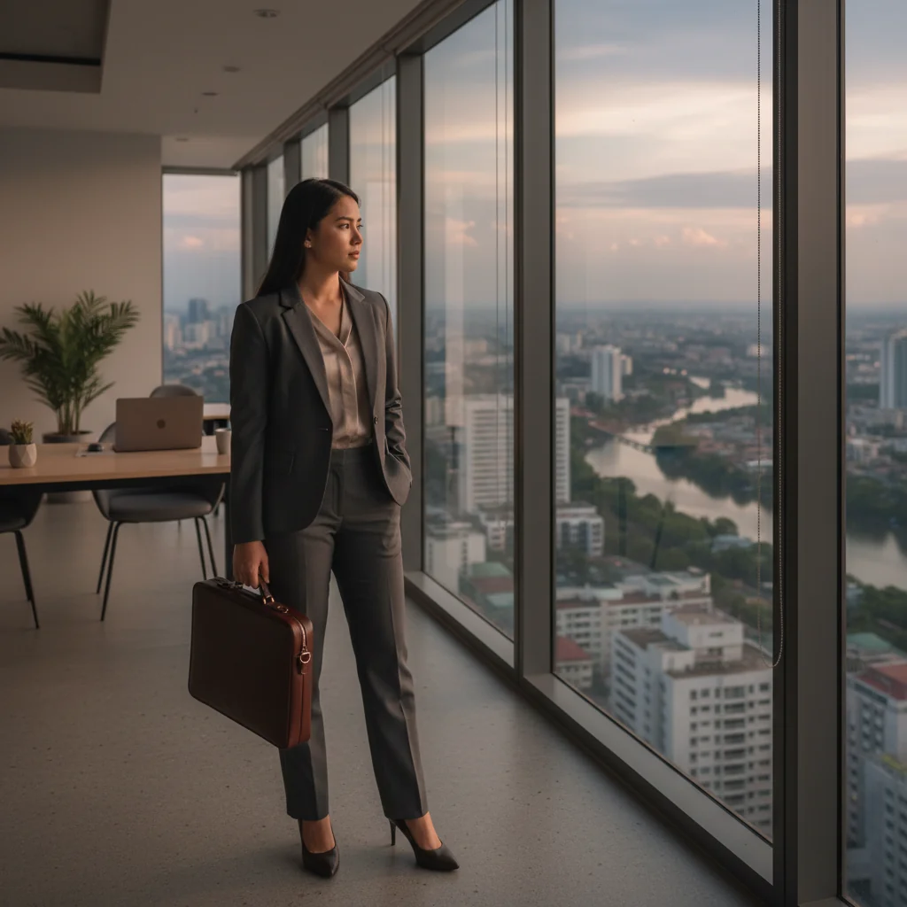 A photorealistic image of a professional adult employee in a modern office setting, looking contemplative while holding a briefcase, symbolizing the decision to resign from a job in the Philippines. The scene includes subtle Philippine elements like a flag or tropical plants in the background, conveying a sense of career transition and legal formality without focusing on documents. No children are present.