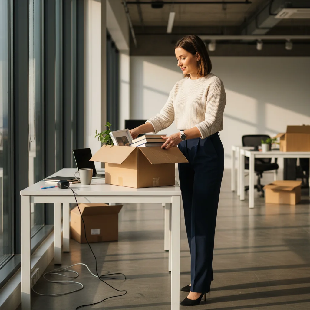 A photorealistic image depicting a young professional adult in a modern office setting, looking relieved and empowered as they prepare to leave their job, symbolizing resignation and new beginnings. The scene shows the person packing personal items from their desk, with a subtle expression of determination on their face, conveying the purpose of a resignation letter without focusing on any documents.