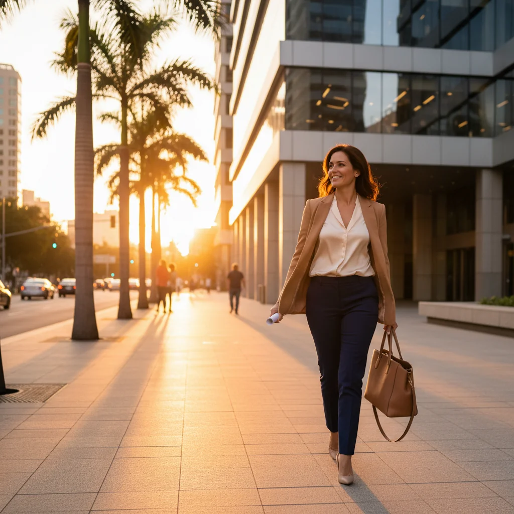 A photorealistic image symbolizing resignation from a job, showing a professional adult in their mid-30s, dressed in business casual attire, walking confidently away from a modern office building at sunset, with a sense of freedom and new beginnings, no children present, no documents or text visible.