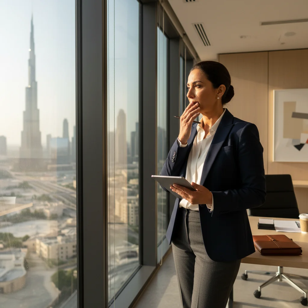 A photorealistic image of a professional adult in a modern UAE office setting, symbolizing resignation or career transition, such as someone thoughtfully looking out a window with Dubai skyline in the background, no documents visible, no children present.
