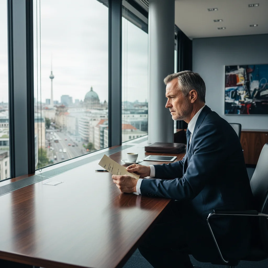A photorealistic image of a professional adult in a modern German office setting, looking contemplative while reviewing paperwork on a desk, symbolizing the decision to terminate employment, with subtle German corporate elements like a flag or architecture in the background, no children present.
