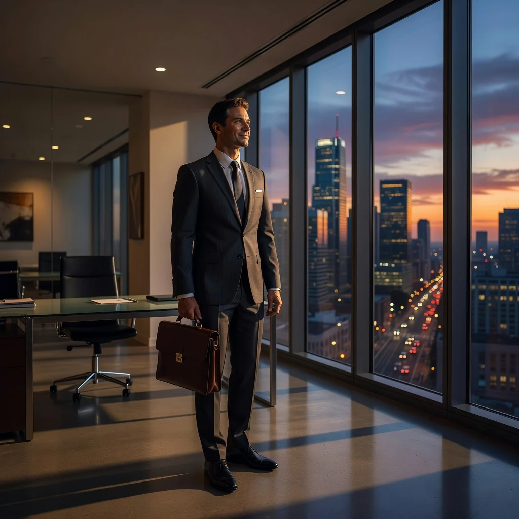 A photorealistic image representing the theme of professional resignation and career transition in a corporate setting. The scene shows a young adult professional, dressed in business attire, standing confidently in a modern office environment with a city skyline visible through large windows, symbolizing the decision to move on from a job. The atmosphere is empowering and forward-looking, with no documents or papers visible. No children are present in the image.