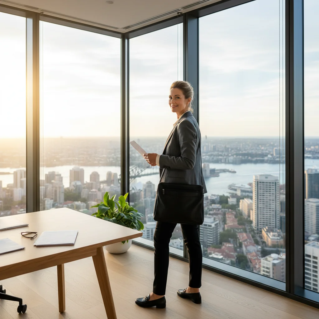 A photorealistic image depicting a professional adult in a business setting, symbolizing the moment of resignation, such as an employee thoughtfully looking out a window in an office or preparing to leave a workplace, conveying a sense of transition and closure in a corporate environment in Australia, with no children present.