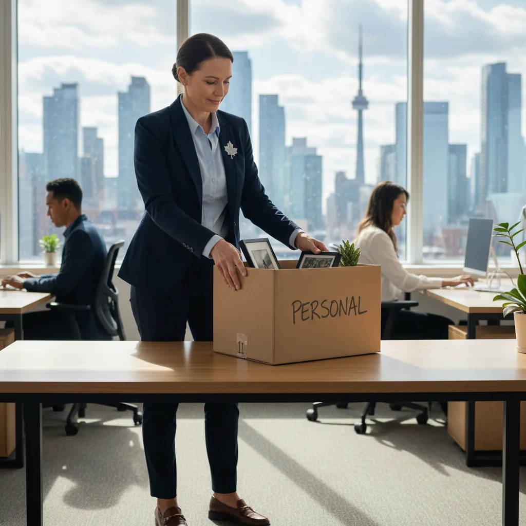 A photorealistic image of a professional adult employee in a modern Canadian office setting, looking thoughtful while packing personal items into a box, symbolizing resignation and transition from a job, with elements like a maple leaf or Canadian flag subtly in the background to represent Canada. No children or documents visible.