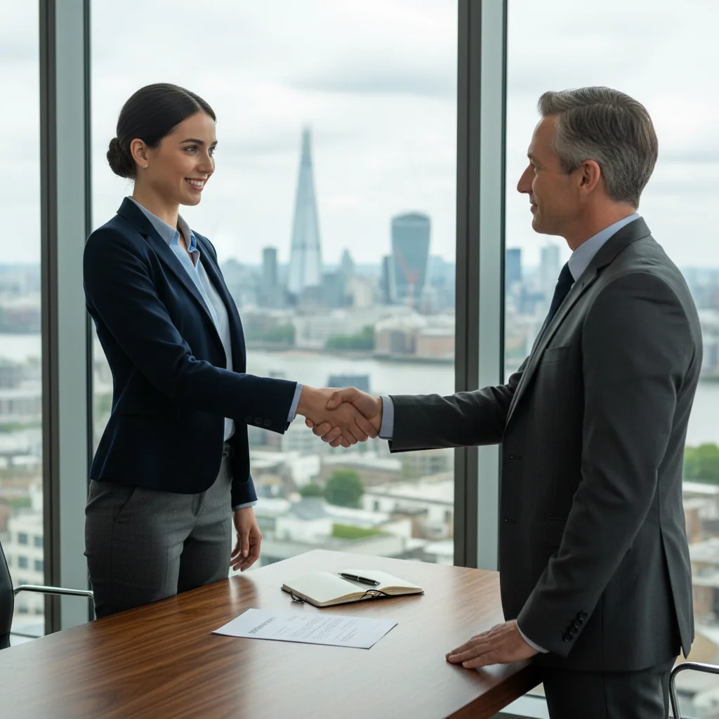 A photorealistic image of a professional adult in a modern office setting, handing over a resignation letter to their manager during a calm meeting, symbolizing the transition from employment in a UK corporate environment. The focus is on the interaction and purpose of resignation, with no documents prominently displayed.