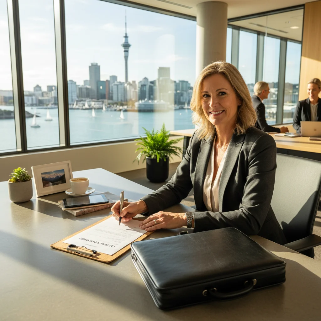A photorealistic image of a professional adult in a business setting, symbolizing the decision to resign from a job, such as an employee thoughtfully packing personal items from their office desk or walking confidently out of a modern corporate building in New Zealand, conveying a sense of transition and empowerment.