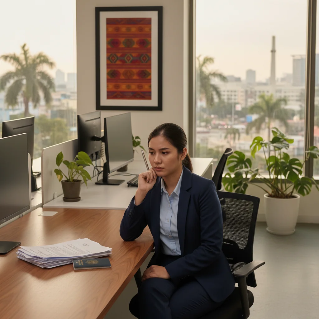 A photorealistic image of a professional adult in a modern office setting, looking thoughtful while packing personal items into a box, symbolizing the moment of resignation from a job in a corporate environment in the Philippines, with subtle tropical elements like a window view of palm trees in the background.