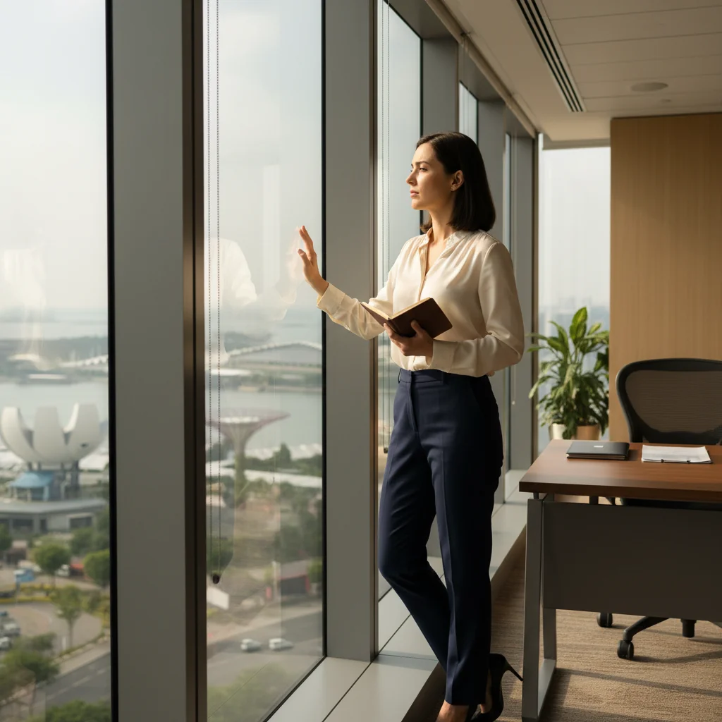 A professional adult in a modern Singapore office setting, symbolizing the decision to resign from a corporate job, with elements like a city skyline view representing career transition.