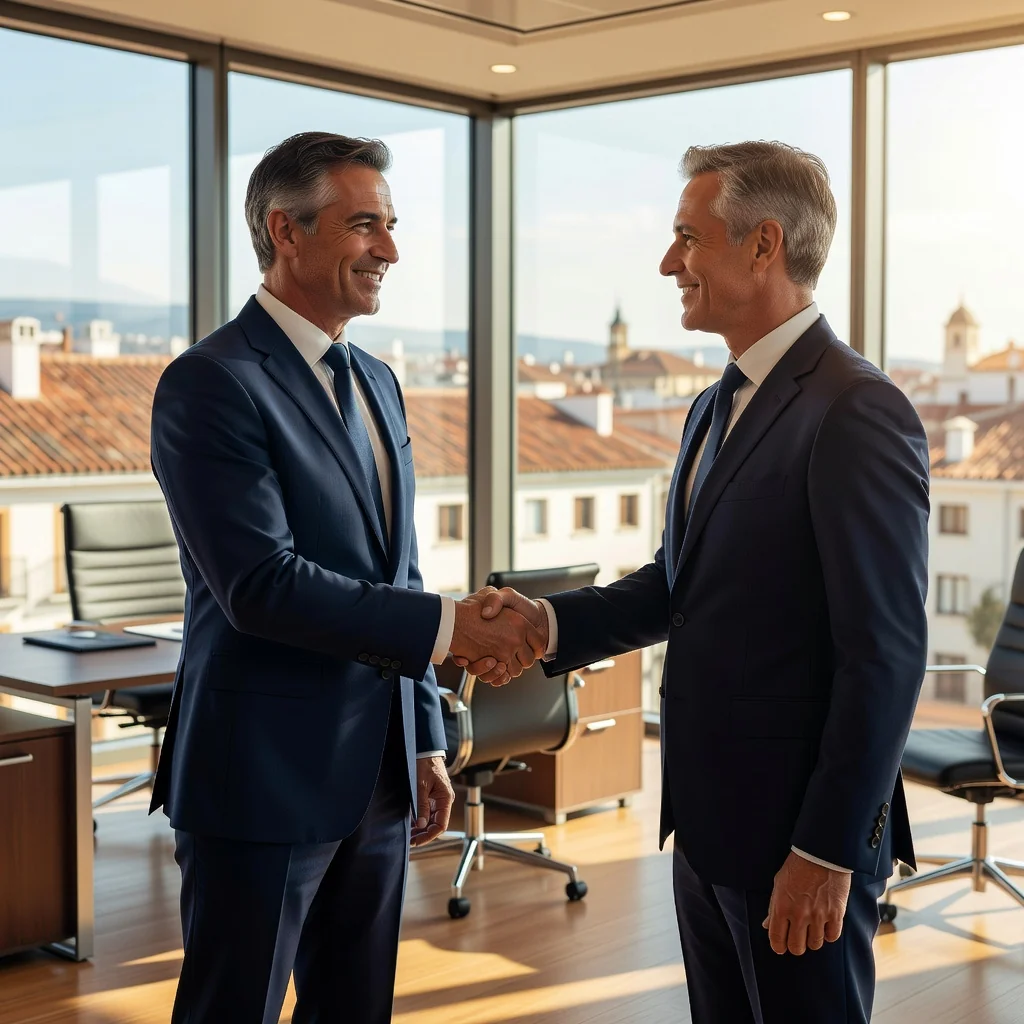 A professional adult in a business suit shaking hands with another professional across a desk in a modern Spanish office, symbolizing resignation or career transition, with subtle Spanish elements like a flag or architecture in the background. No children or documents visible.