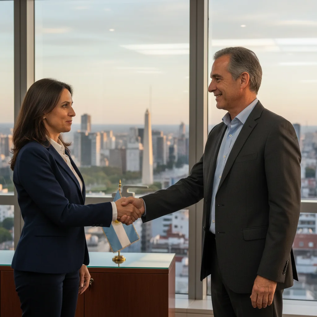 A professional adult employee in a modern corporate office in Buenos Aires, Argentina, shaking hands with a business colleague across a desk, symbolizing voluntary resignation or career transition, with subtle Argentine landmarks like the Obelisk visible through the window in the background. The scene conveys a sense of professional closure and new beginnings.