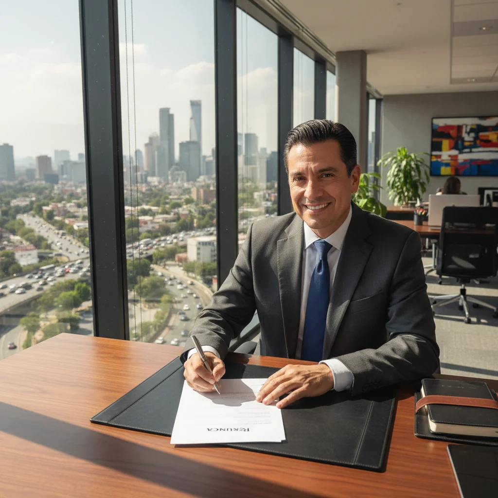 A professional adult Mexican businessperson in a modern office setting in Mexico City, looking relieved and signing a resignation letter with a determined expression, symbolizing the purpose of a carta de renuncia as a voluntary departure from employment. The scene conveys empowerment and career transition without showing any documents prominently.