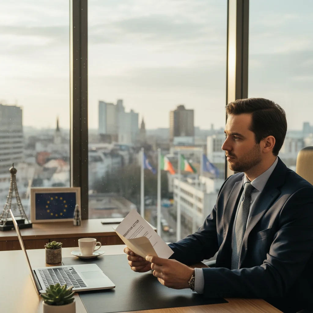 A photorealistic image of a professional adult in a modern Belgian office setting, looking contemplative while holding a resignation letter, symbolizing the decision to leave a job, with subtle Belgian elements like a flag or Brussels architecture in the background. No children present.