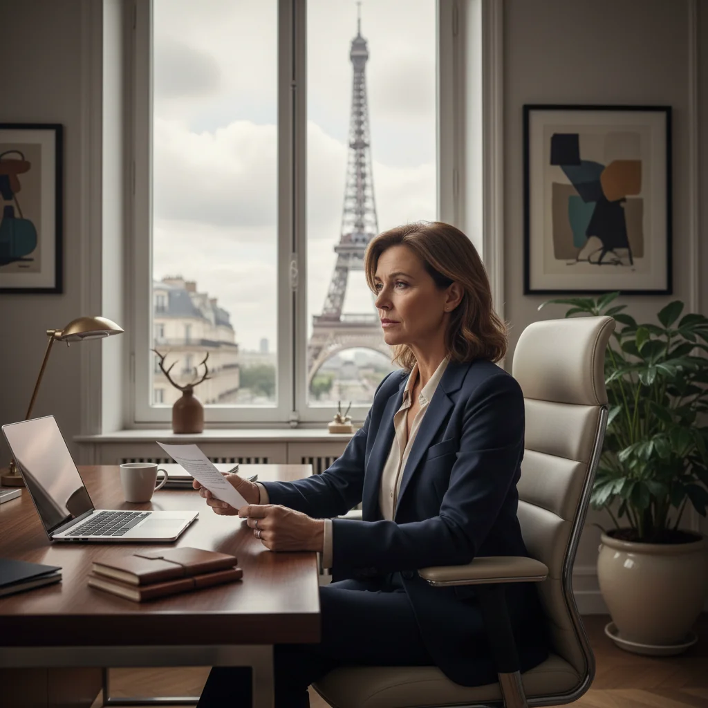 A photorealistic image of a professional adult in a modern French office setting, looking thoughtful while packing personal items into a box, symbolizing resignation from a corporate job, with subtle French elements like a window view of Paris landmarks in the background. No children present.