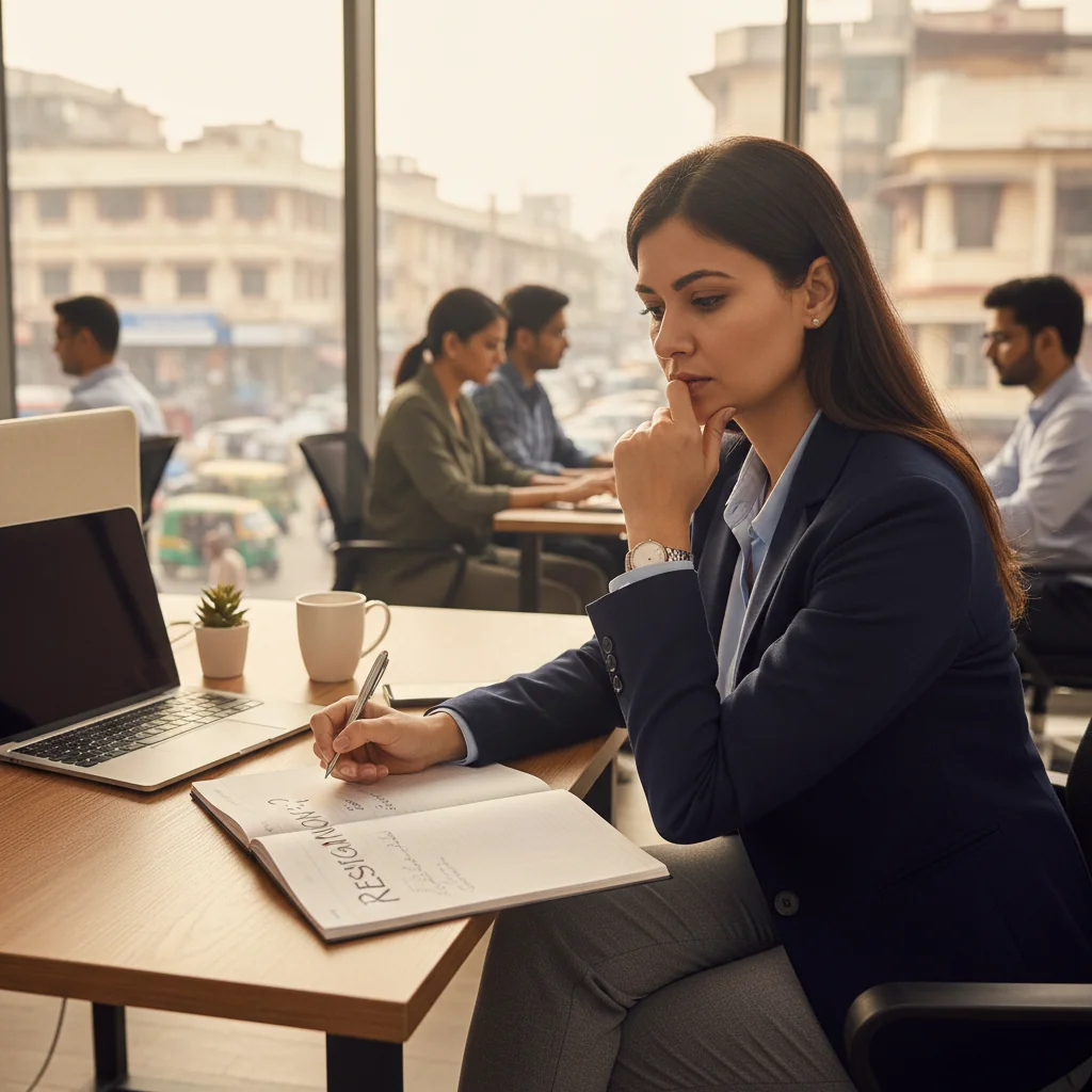 A photorealistic image of a professional adult employee in a modern Indian office setting, looking determined while packing personal items into a box on their desk, symbolizing the decision to resign from a corporate job, with subtle Indian cultural elements like a window view of an urban cityscape in the background.