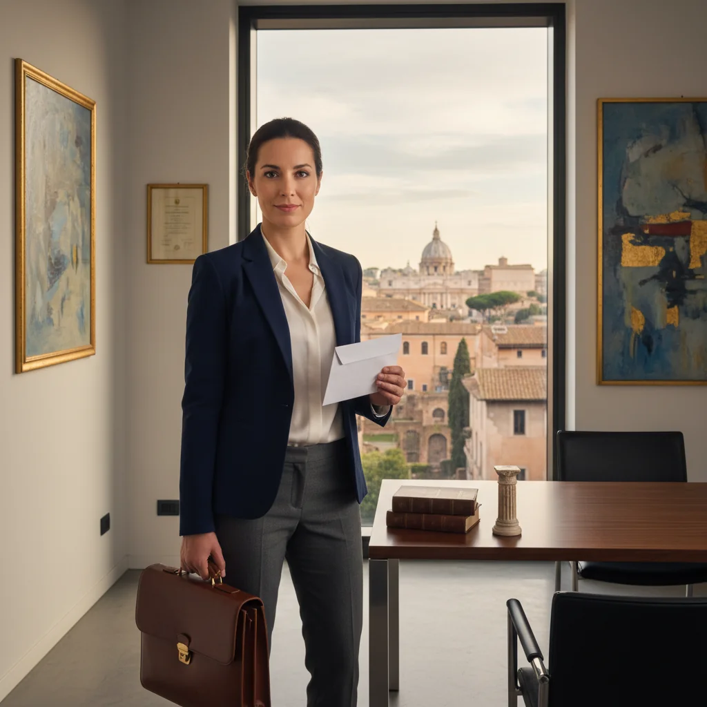 A photorealistic image of a professional adult employee in a modern office setting in Italy, looking relieved and empowered as they prepare to resign from their job, symbolizing the purpose of a resignation letter without showing any documents.