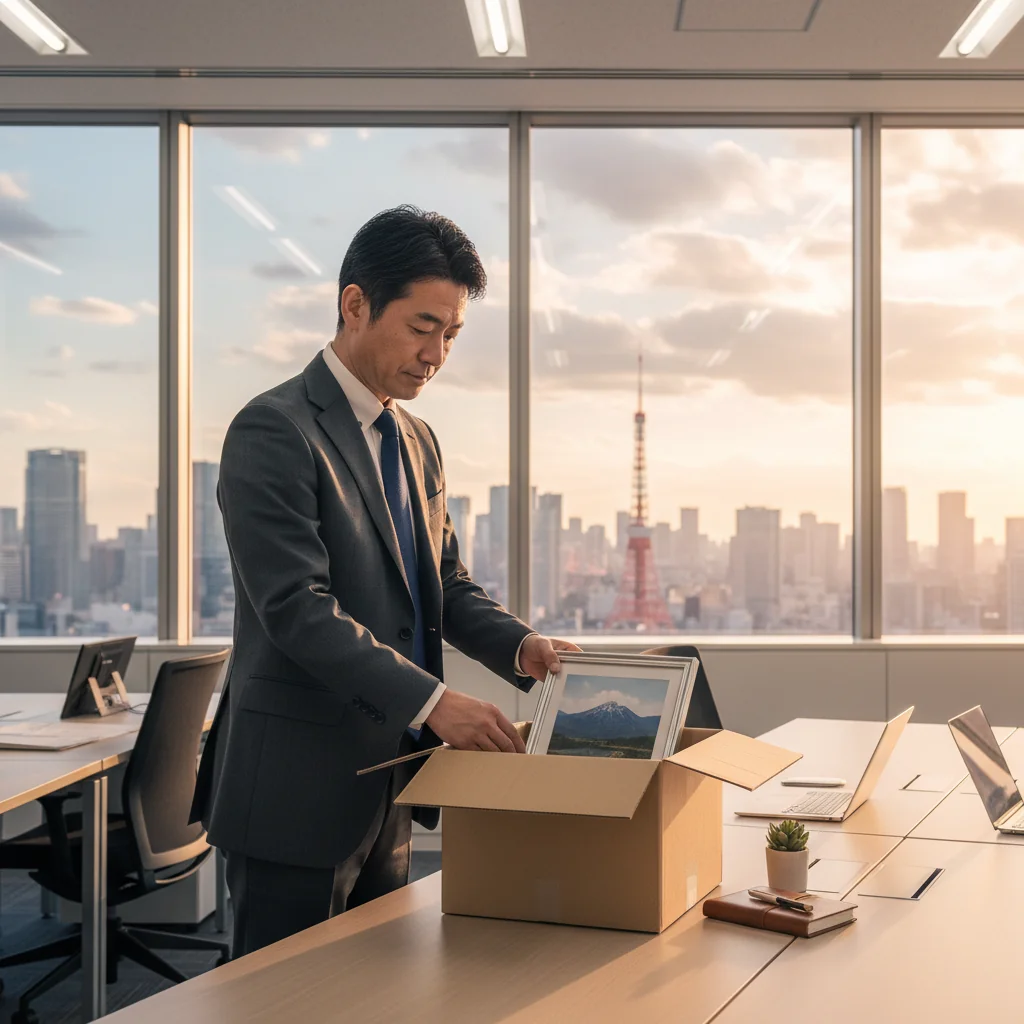 A photorealistic image of a professional adult Japanese employee in a modern office setting, looking contemplative while packing personal items into a box, symbolizing the decision to resign from a job. The scene conveys a sense of transition and new beginnings without focusing on any documents.