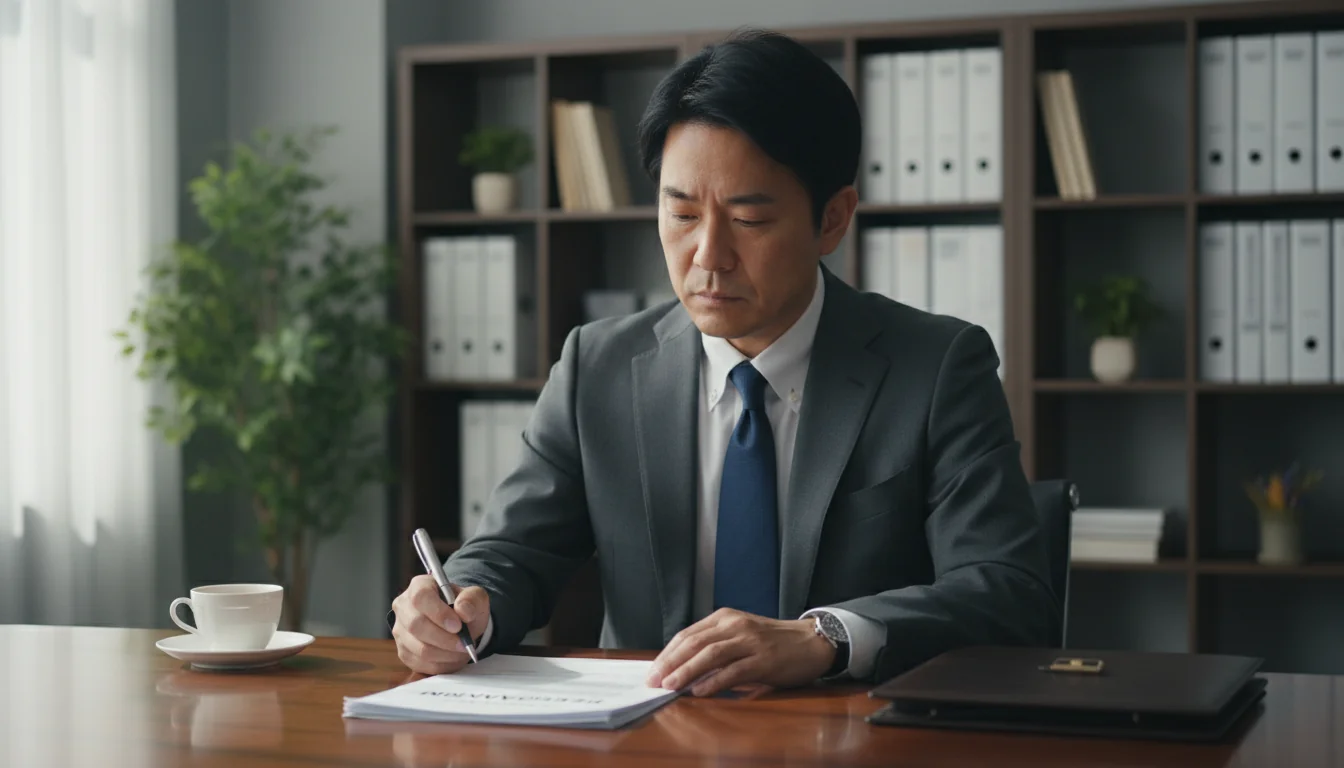 Signing resignation form in office