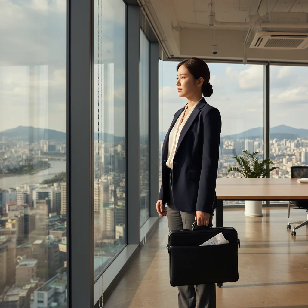 A photorealistic image of a professional adult businessperson in a modern South Korean office setting, symbolizing resignation or career transition, with elements like a thoughtful expression while looking out a window at the city skyline, conveying a sense of decision-making and new beginnings.