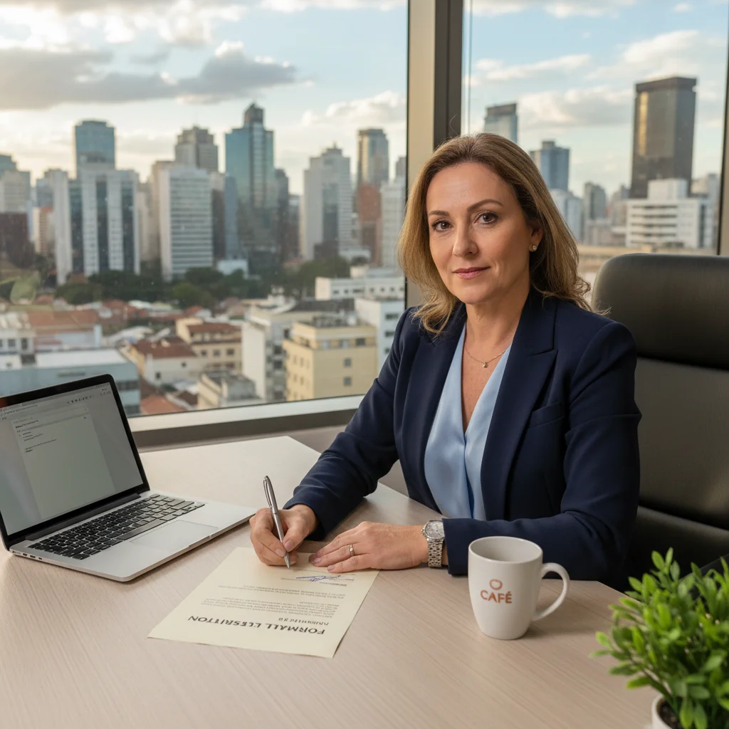 A photorealistic image depicting a professional adult in a Brazilian office setting, signing a resignation letter with a determined expression, symbolizing the act of voluntary resignation from employment. The scene includes subtle Brazilian elements like a flag or cityscape in the background, conveying a sense of career transition and formality.