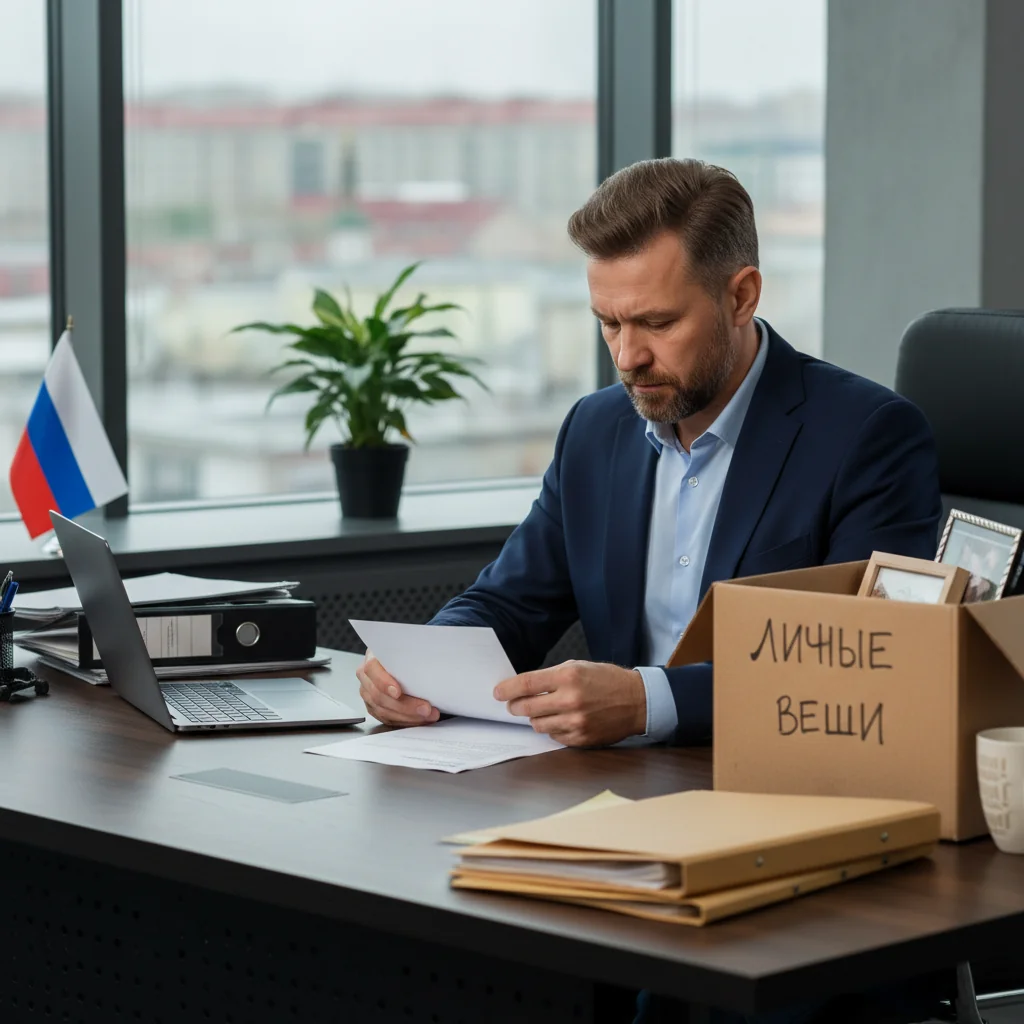 A photorealistic image of a professional adult in a modern Russian office setting, symbolizing the process of resignation from employment. The scene shows a determined businessperson packing personal items from their desk, with a subtle nod to Russian culture like a window view of a city skyline, conveying a sense of transition and closure in one's career.