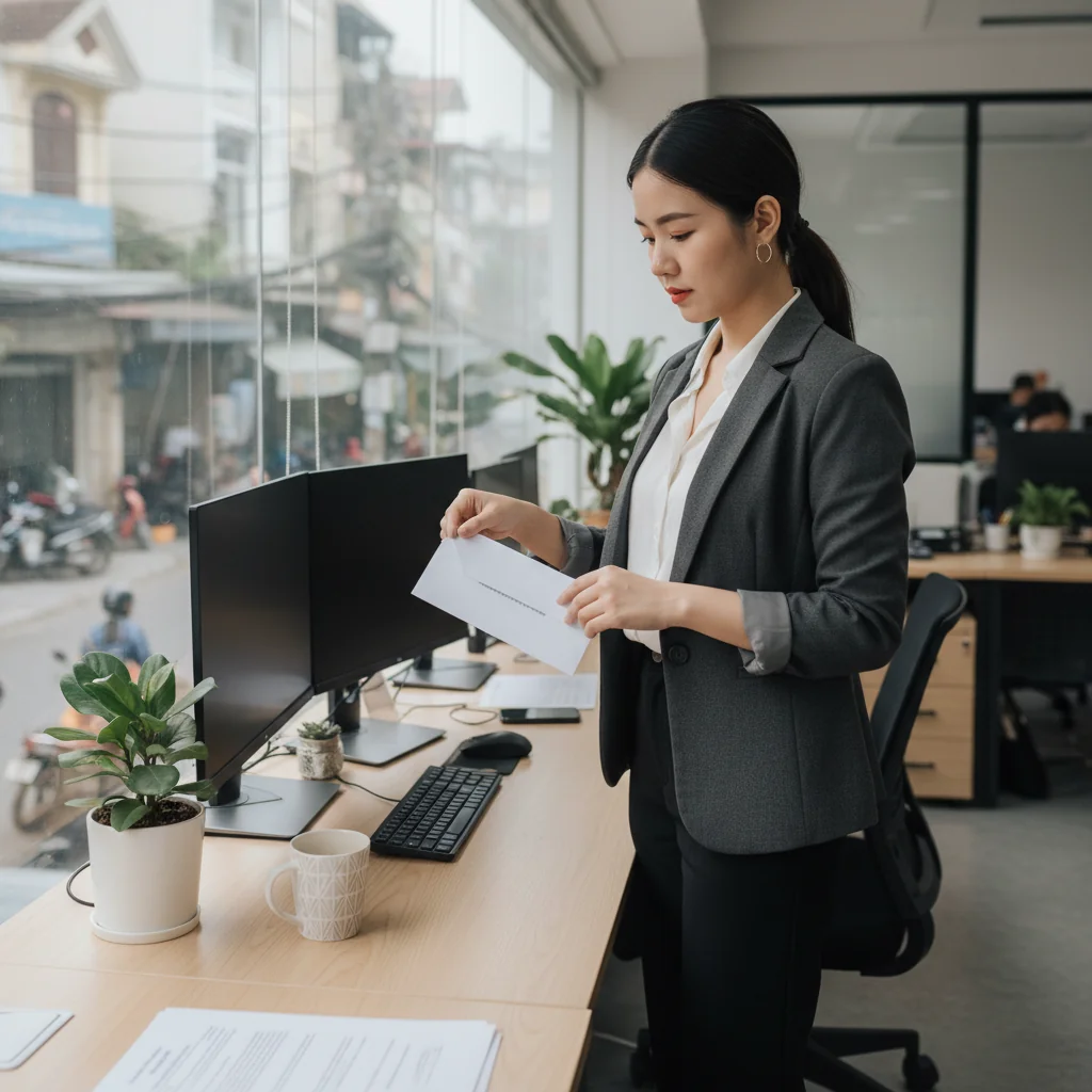 A photorealistic image of a professional adult employee in a modern Vietnamese office setting, looking thoughtful while packing personal items into a box, symbolizing the decision to resign from a job, with subtle Vietnamese cultural elements like a cityscape view from the window.