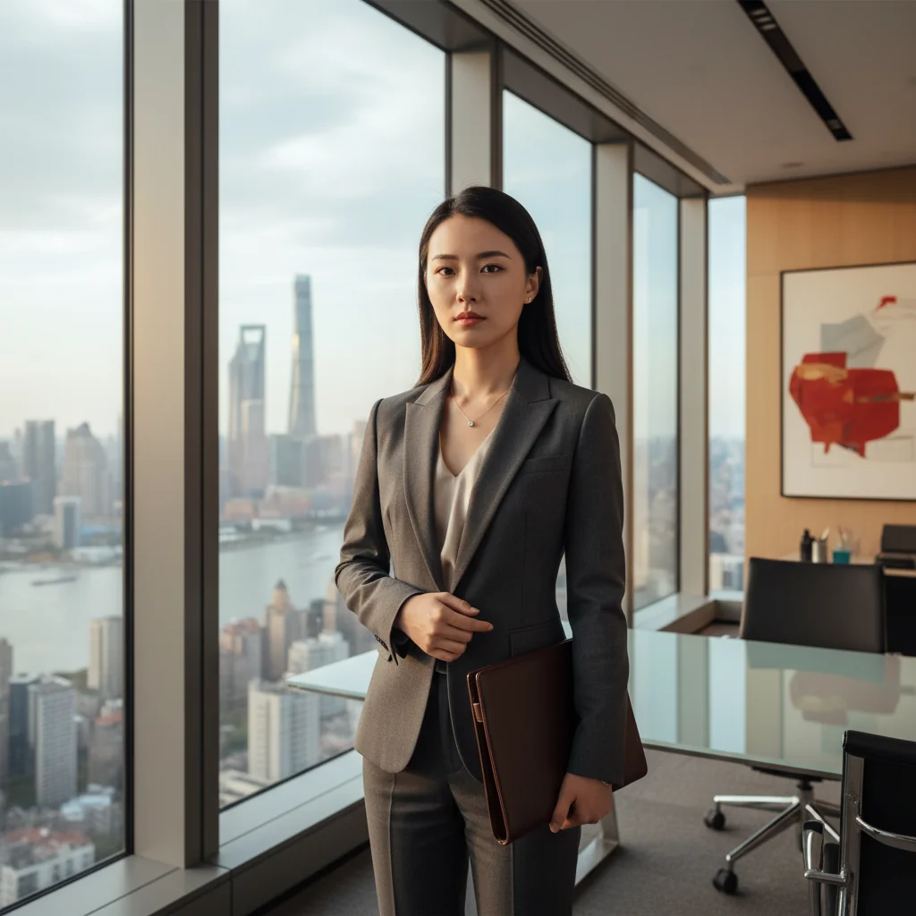 A photorealistic image of a professional adult Chinese woman in a modern office setting in China, looking determined as she prepares to resign from her job, symbolizing the purpose of a resignation letter in corporate documents. She is standing by a window with a city skyline view, holding a briefcase, dressed in business attire, conveying a sense of empowerment and career transition. No children are present in the image.