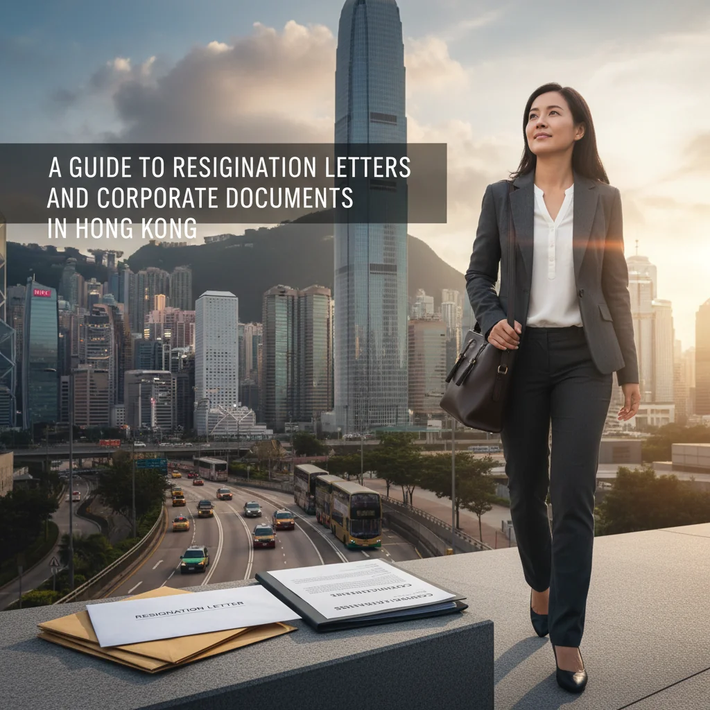 A photorealistic image of a professional adult in a business suit, standing confidently outside a modern Hong Kong office building with the city skyline in the background, symbolizing resignation and career transition. The person is an adult in their 30s, looking determined and forward. No children are present. The image is entirely photorealistic, like a high-resolution photograph, with no graphics, drawings, or illustrations.