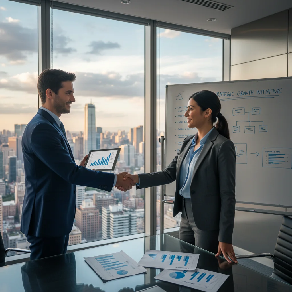 A professional business meeting between a consultant and a client in a modern office, symbolizing collaboration and agreement in consulting services, with elements like a whiteboard and handshake to represent partnership without showing legal documents.