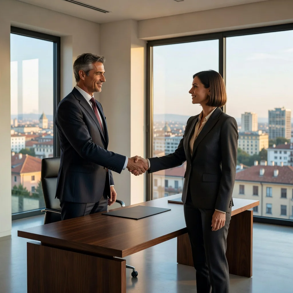 A photorealistic image of a professional consultant in a modern Italian office, shaking hands with a business executive across a desk, symbolizing a successful consultancy agreement, with subtle Italian elements like a flag or map in the background, conveying trust and professionalism.