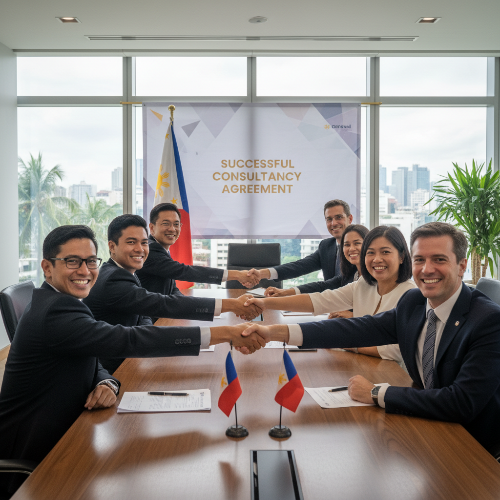 A professional business meeting in a modern office in the Philippines, with a diverse group of adult consultants and clients shaking hands over a table, symbolizing agreement and collaboration in a consultancy context, photorealistic style.