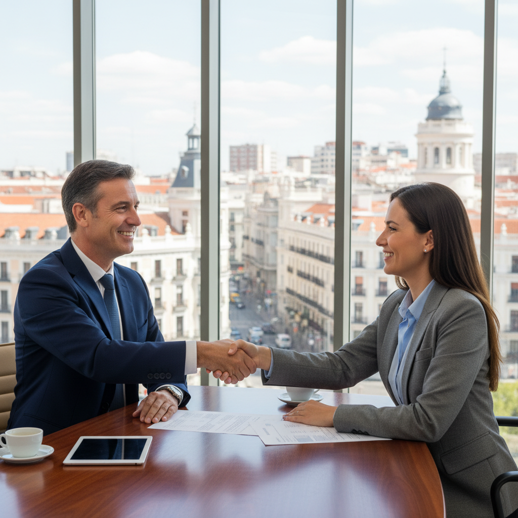 A photorealistic image of a professional business consultant in a modern Spanish office, shaking hands with a client across a desk, symbolizing trust and agreement in a consulting contract. The scene conveys professionalism, collaboration, and legal obligations without showing any documents or text.