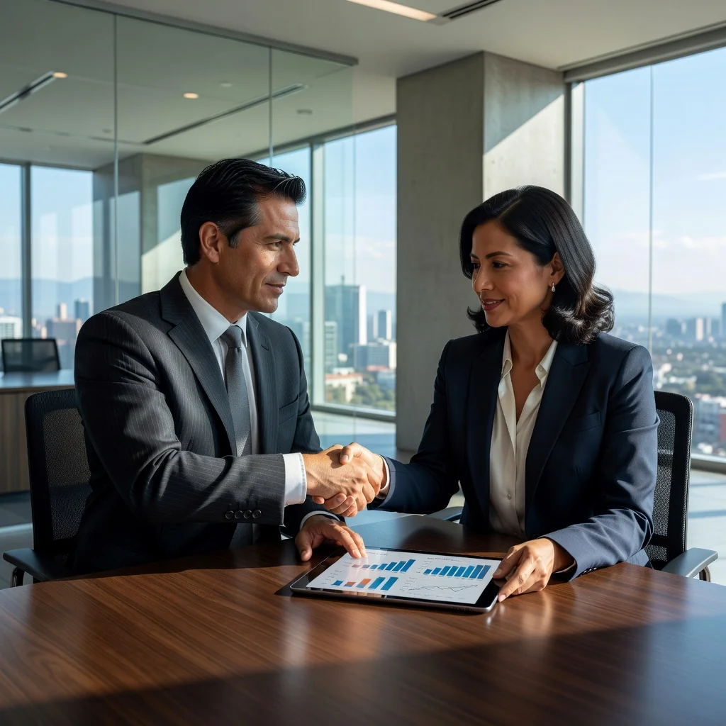 A professional scene representing a business consultation in Mexico, featuring a diverse group of adult professionals in a modern office setting, discussing ideas over a table with laptops and coffee, evoking trust and expertise in consultancy services, photorealistic style.