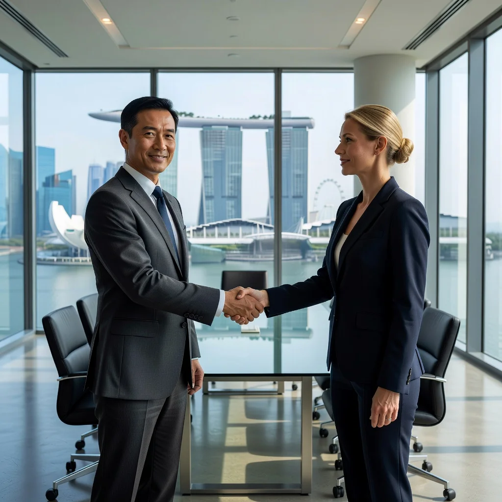 A professional business meeting in a modern Singapore office, with two adults shaking hands across a conference table, overlooking the city skyline, symbolizing partnership and consultancy agreements.