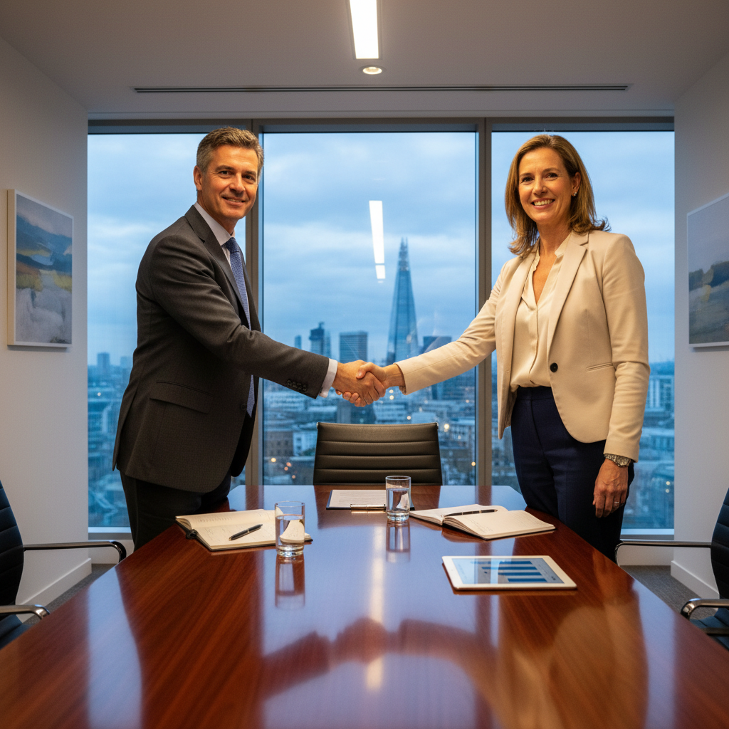 A photorealistic image of two professional adults in a modern UK office setting, shaking hands over a conference table during a business consultancy meeting, symbolizing agreement and partnership, with city skyline visible through the window, no children present.