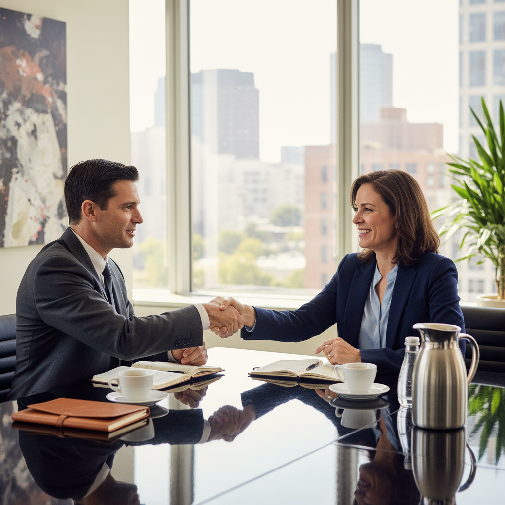 A photorealistic image of two professional adults, a consultant and a client, engaged in a serious discussion across a modern office desk, symbolizing the advisory and contractual relationship in a consulting agreement, with no children present.