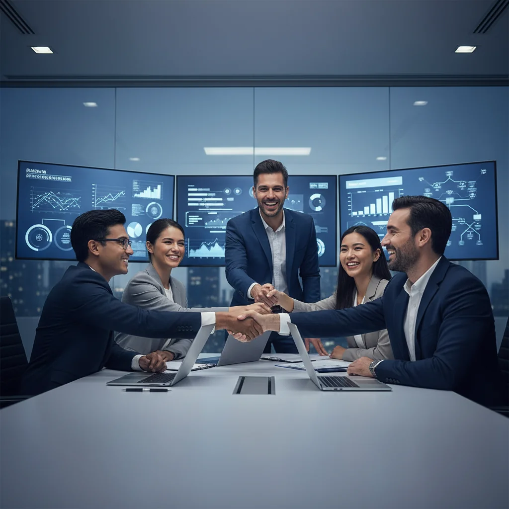 A professional business meeting between two consultants and a client in a modern office, symbolizing collaboration and agreement in US consulting services, with handshakes and charts on a table to represent avoiding common mistakes in agreements.