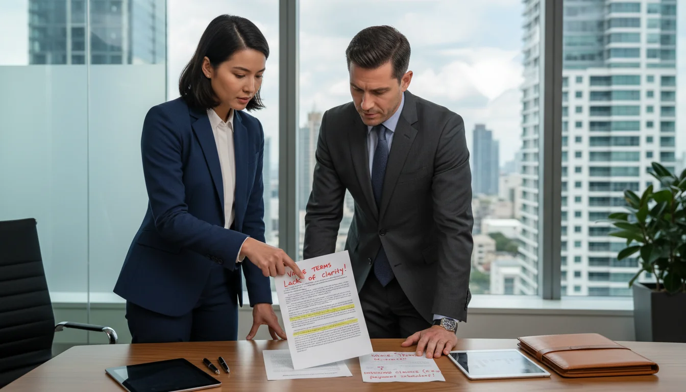 Business professionals reviewing contract documents.
