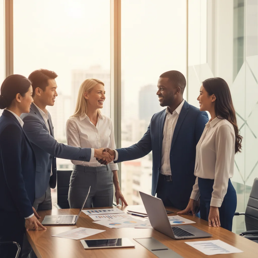 A professional business meeting between a consultant and a US business team, shaking hands over a conference table in a modern office, symbolizing agreement and collaboration.