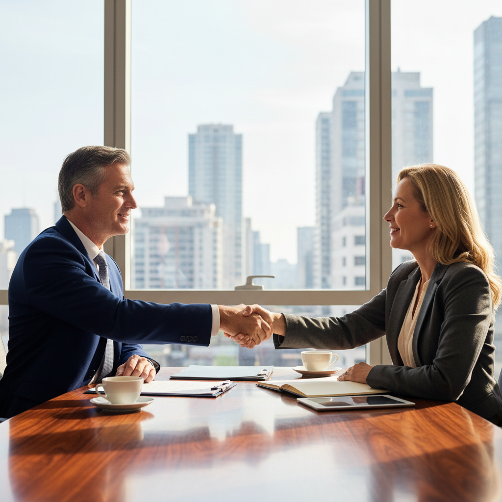 A photorealistic image of two professional adults, a business consultant and a client, shaking hands across a modern conference table in a bright office setting, symbolizing the agreement and effectiveness of a service provision contract. The scene conveys trust, partnership, and successful service delivery without showing any legal documents.