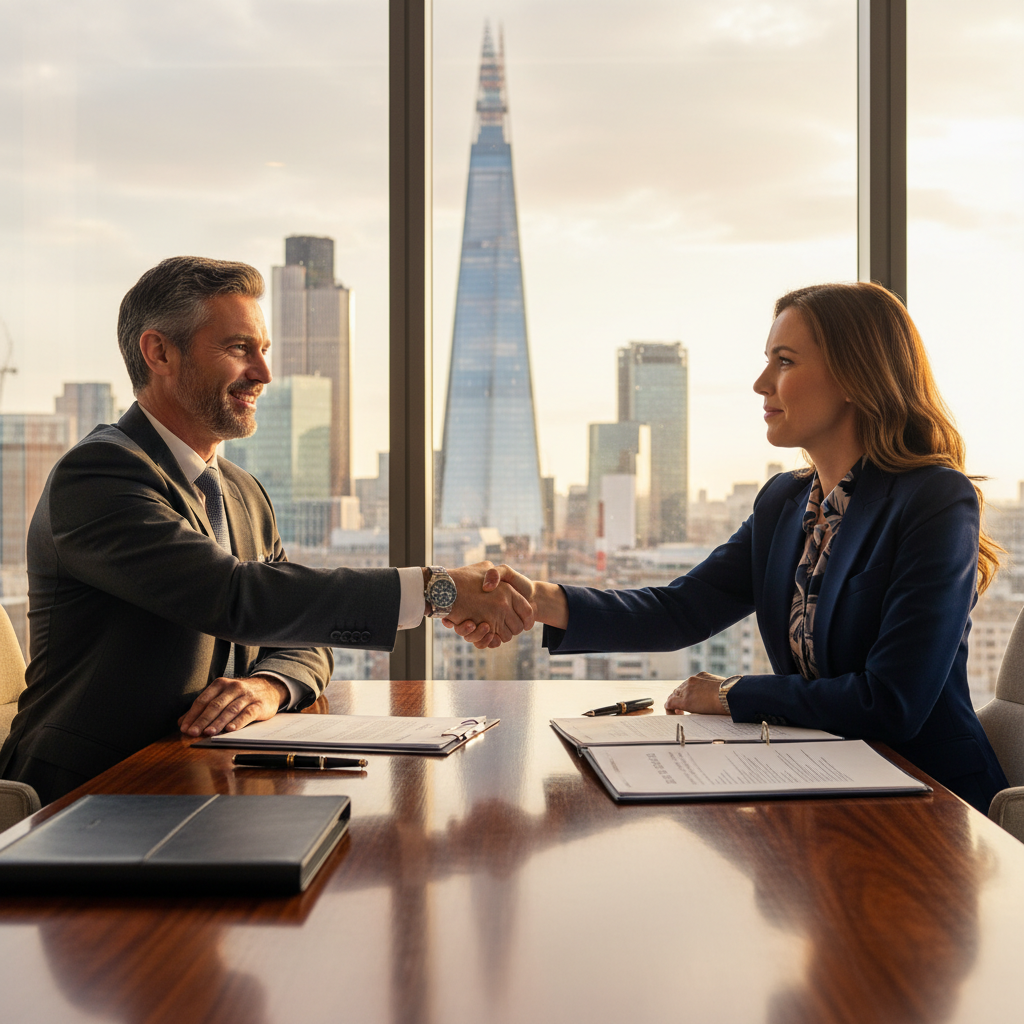 A photorealistic image of two professional adults in a modern UK office setting, shaking hands over a conference table to symbolize a consultancy agreement, with subtle British elements like a Union Jack flag in the background, conveying trust and partnership in business consultancy.