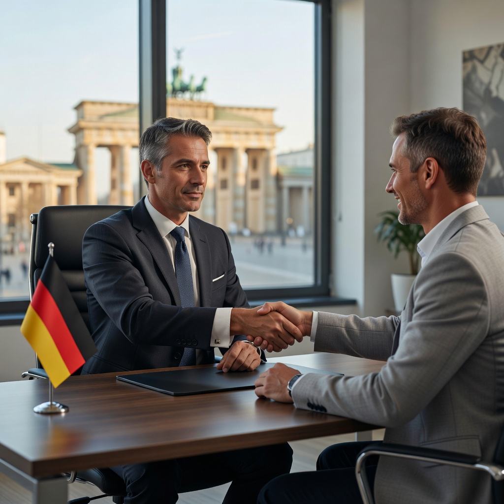 A professional consultant in a modern German office setting, shaking hands with a client across a desk, symbolizing trust and security in business consulting services, with subtle German elements like a flag or Berlin skyline in the background. The scene conveys reliability and professionalism without focusing on documents.
